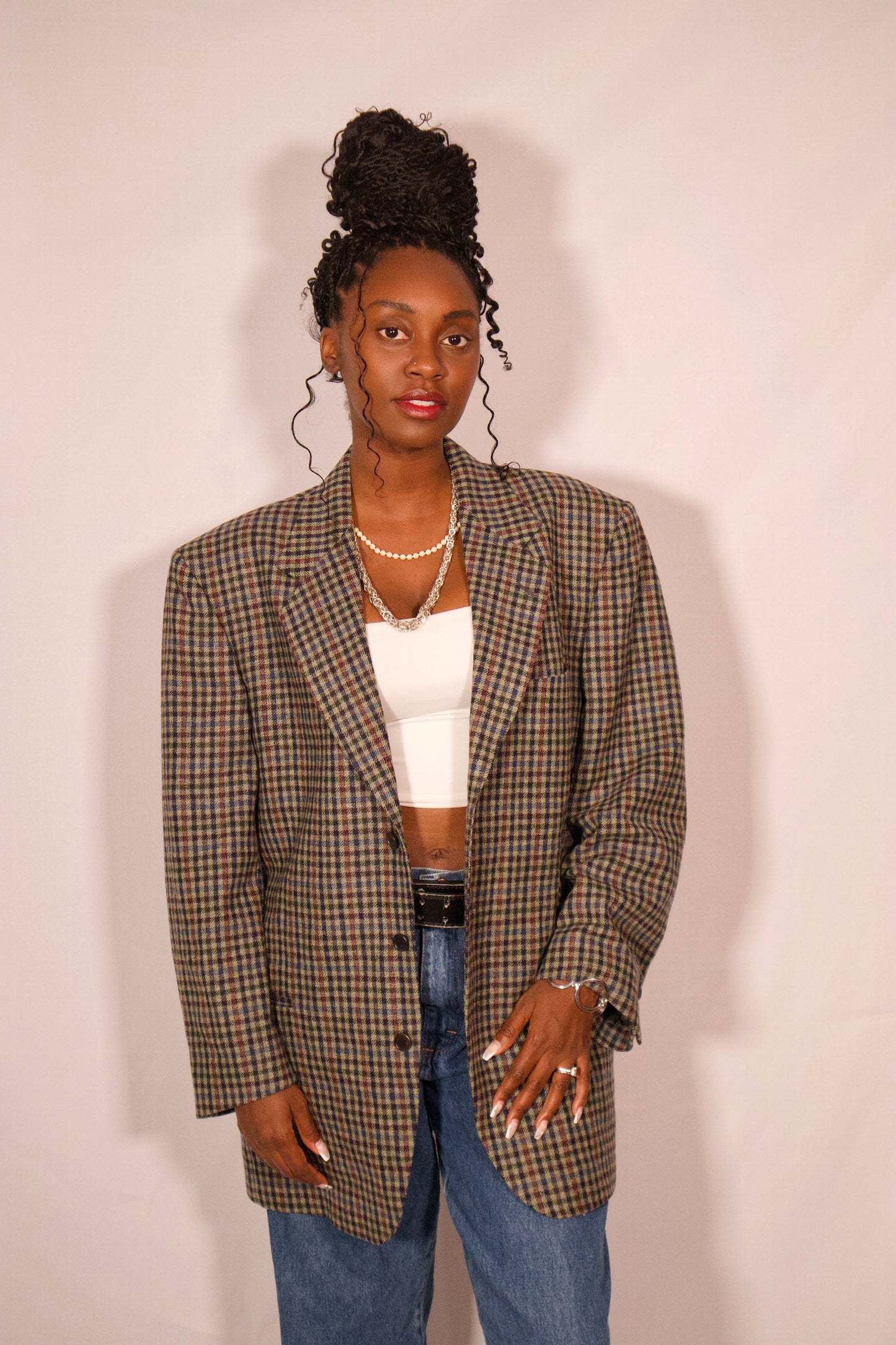 VESTON A CARREAUX VERT GRIS ET ROUGE