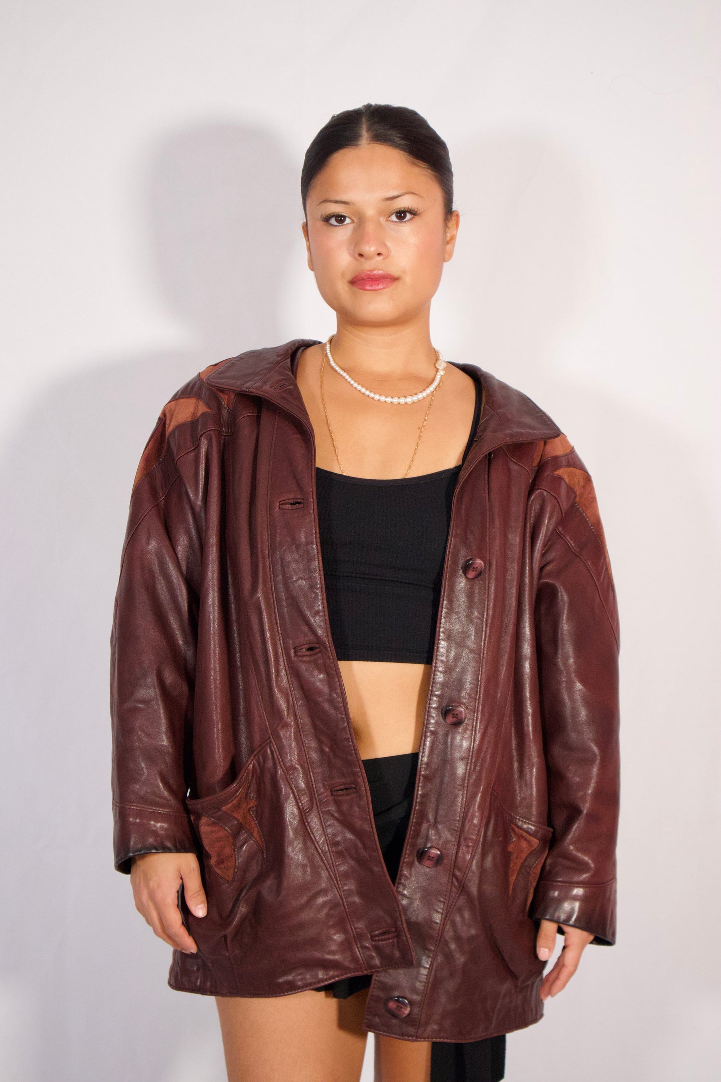 MANTEAU EN CUIR BRUN DÉTAILS EN SUÈDE