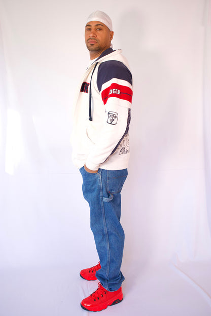 VESTE À CAPUCHON BLANC BLEU MARIN ET ROUGE