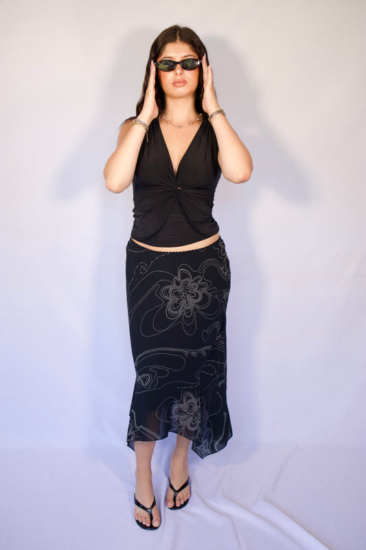 JUPE LONGUE NOIR A MOTIFS DE FLEURS BLANC