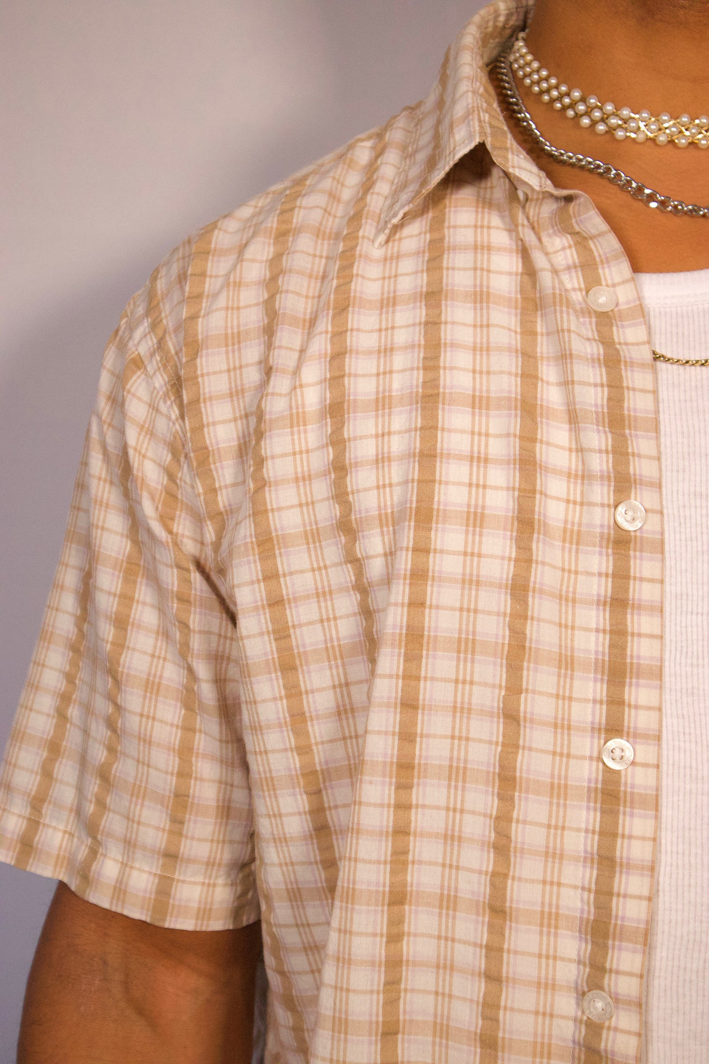 CHEMISE À MANCHES COURTES À CARREAUX BEIGE
