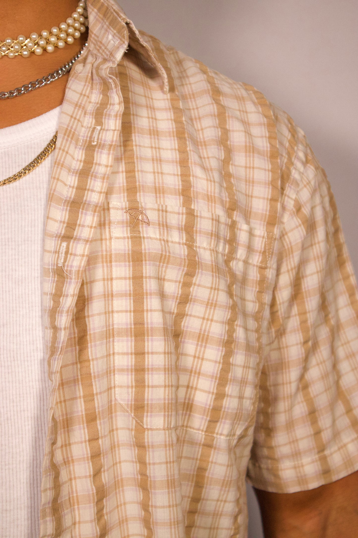 CHEMISE À MANCHES COURTES À CARREAUX BEIGE