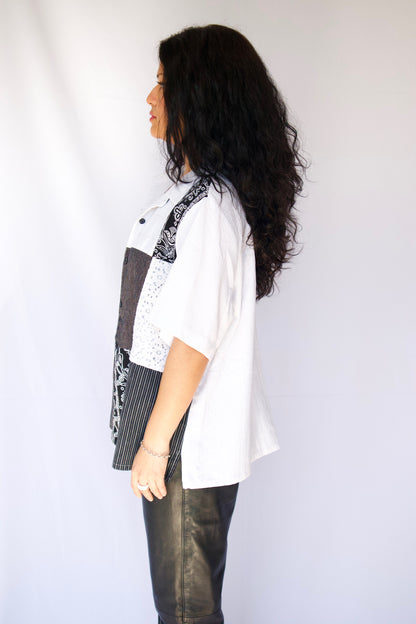 CHEMISE À MANCHES COURTES ET PATCHWORK BLANC ET NOIR