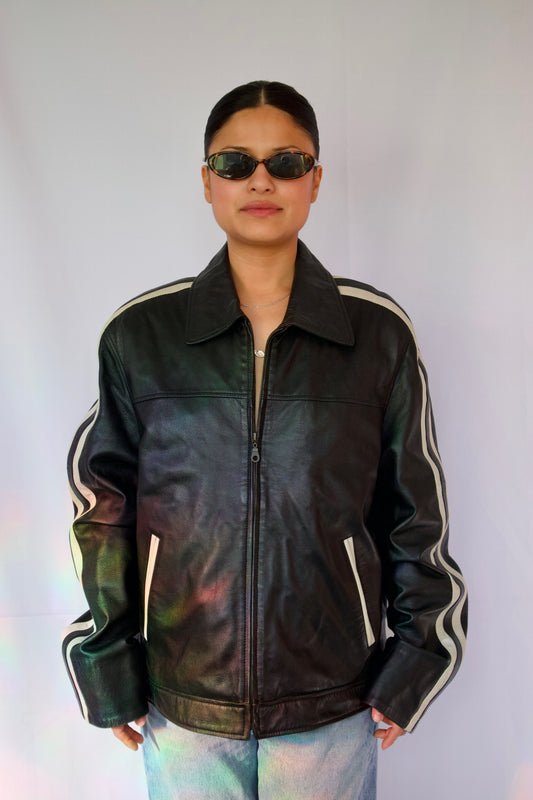 VESTE EN CUIR NOIR LIGNE BLANCHE