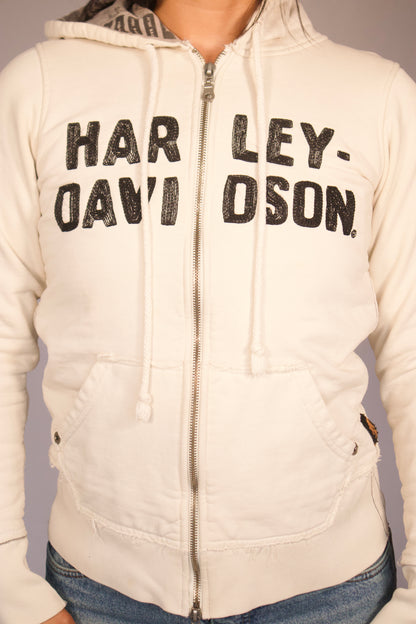 détail logo Harley Davidson hoodie crème