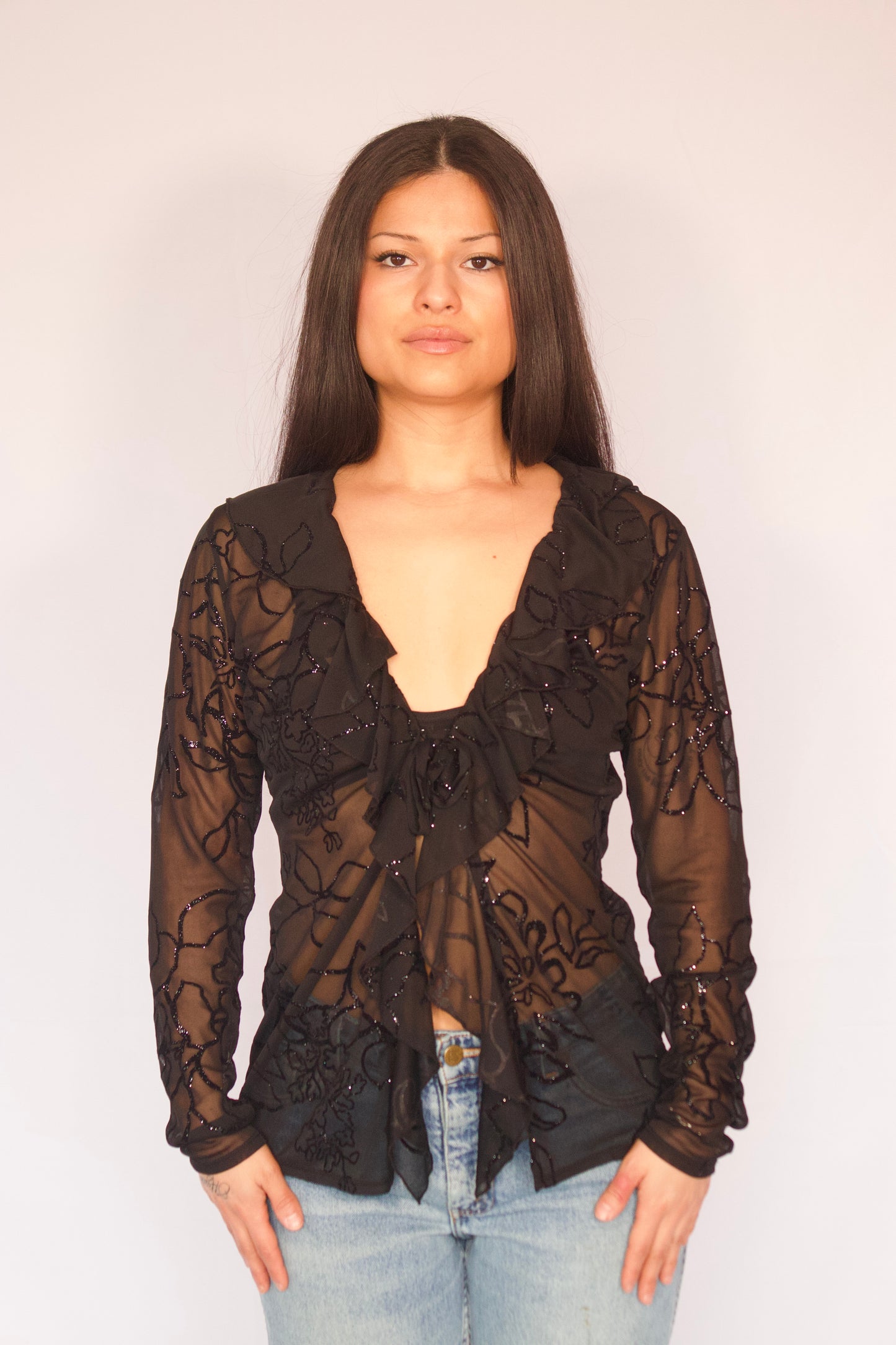 haut mesh noir motifs vintage vue de face