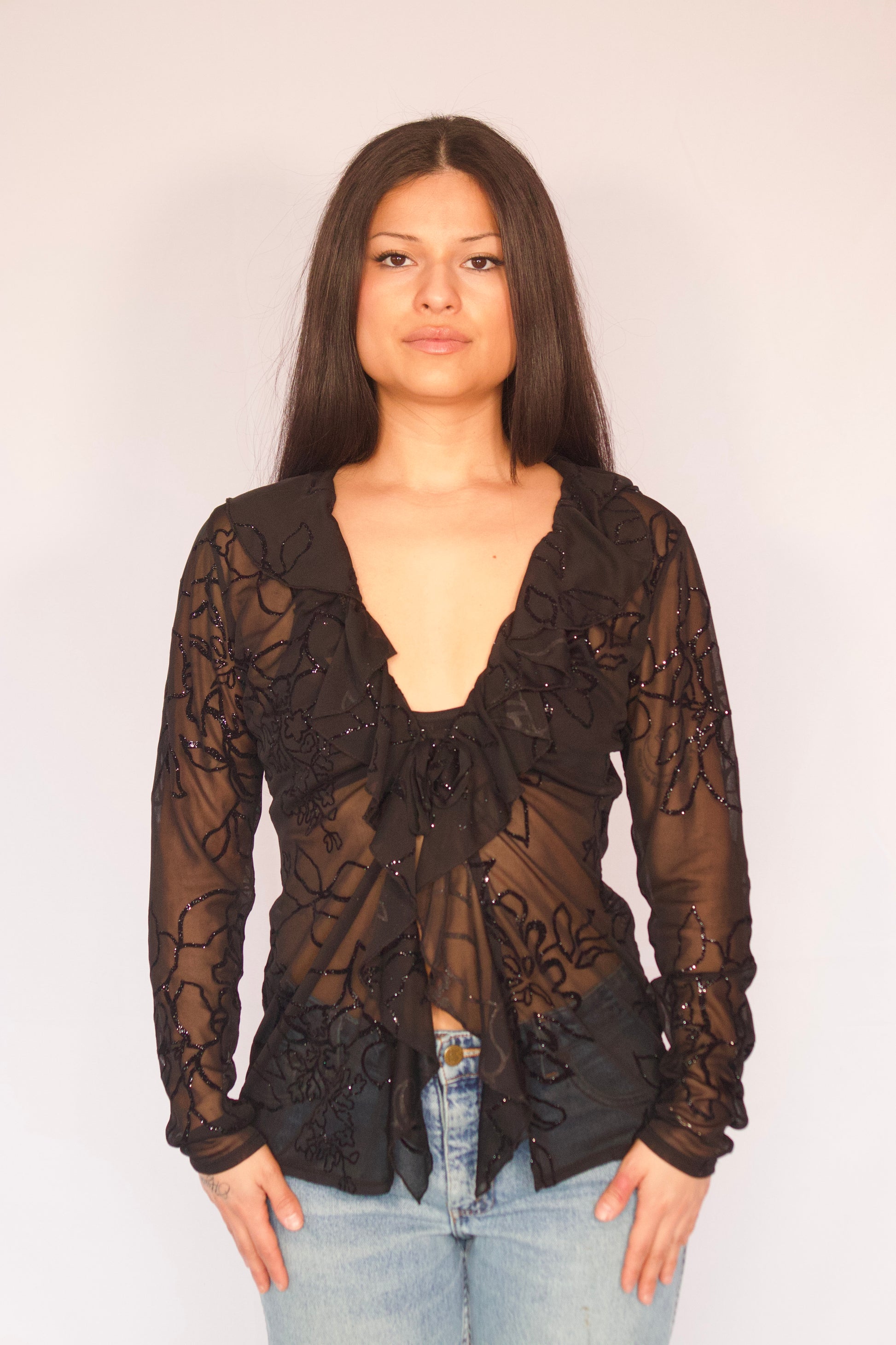 haut mesh noir motifs vintage vue de face