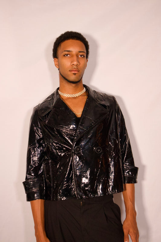 manteau noir Peter Nygard texturé porté