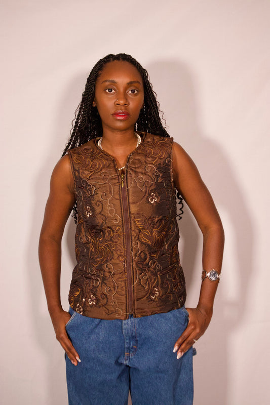 veste brune sans manches brodée femme