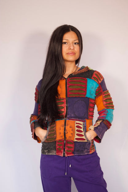 veste patchwork multicolore portée
