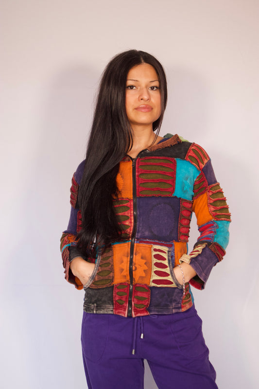 veste patchwork multicolore portée
