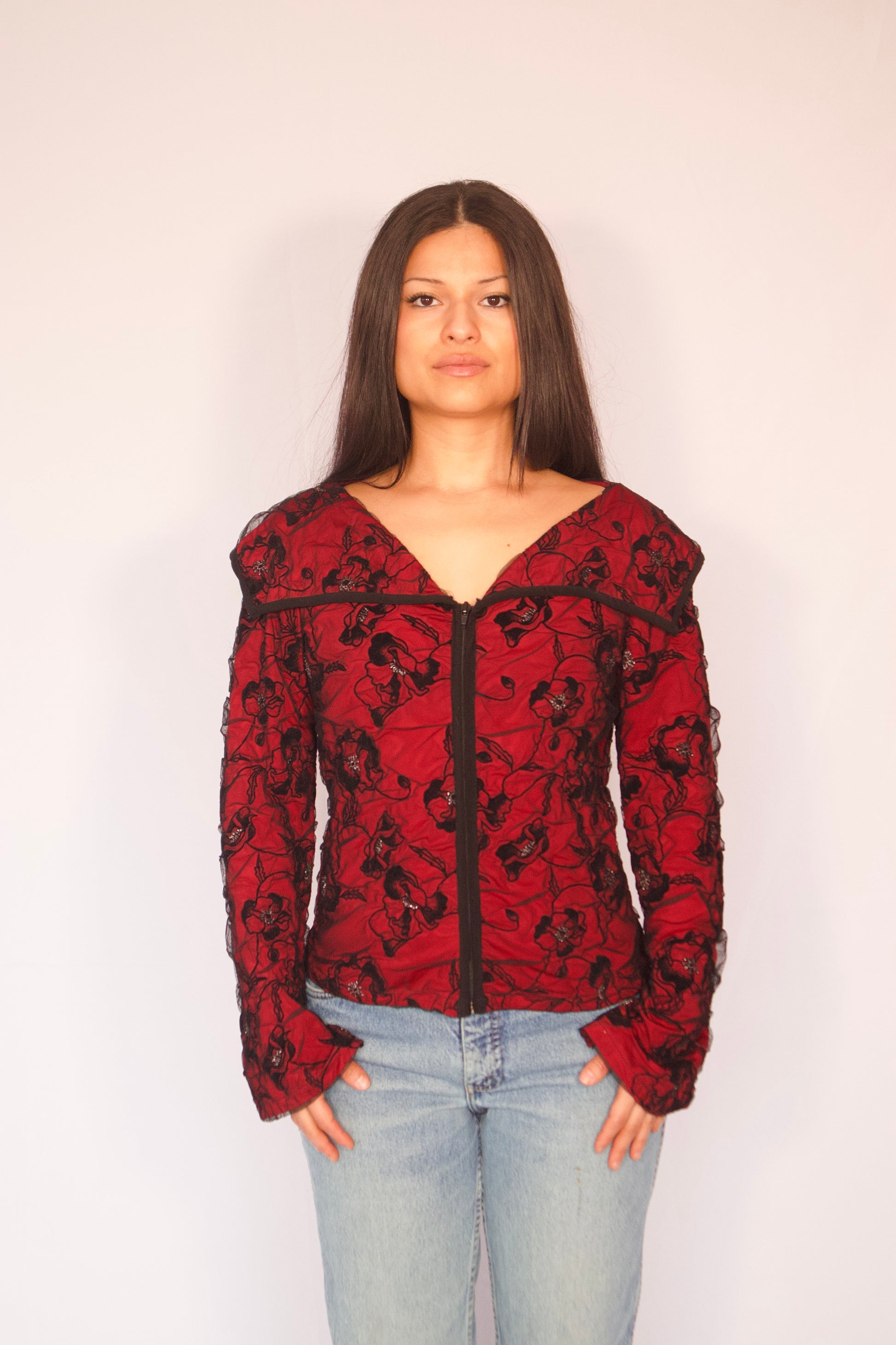 veste rouge floral mesh vintage vue de face