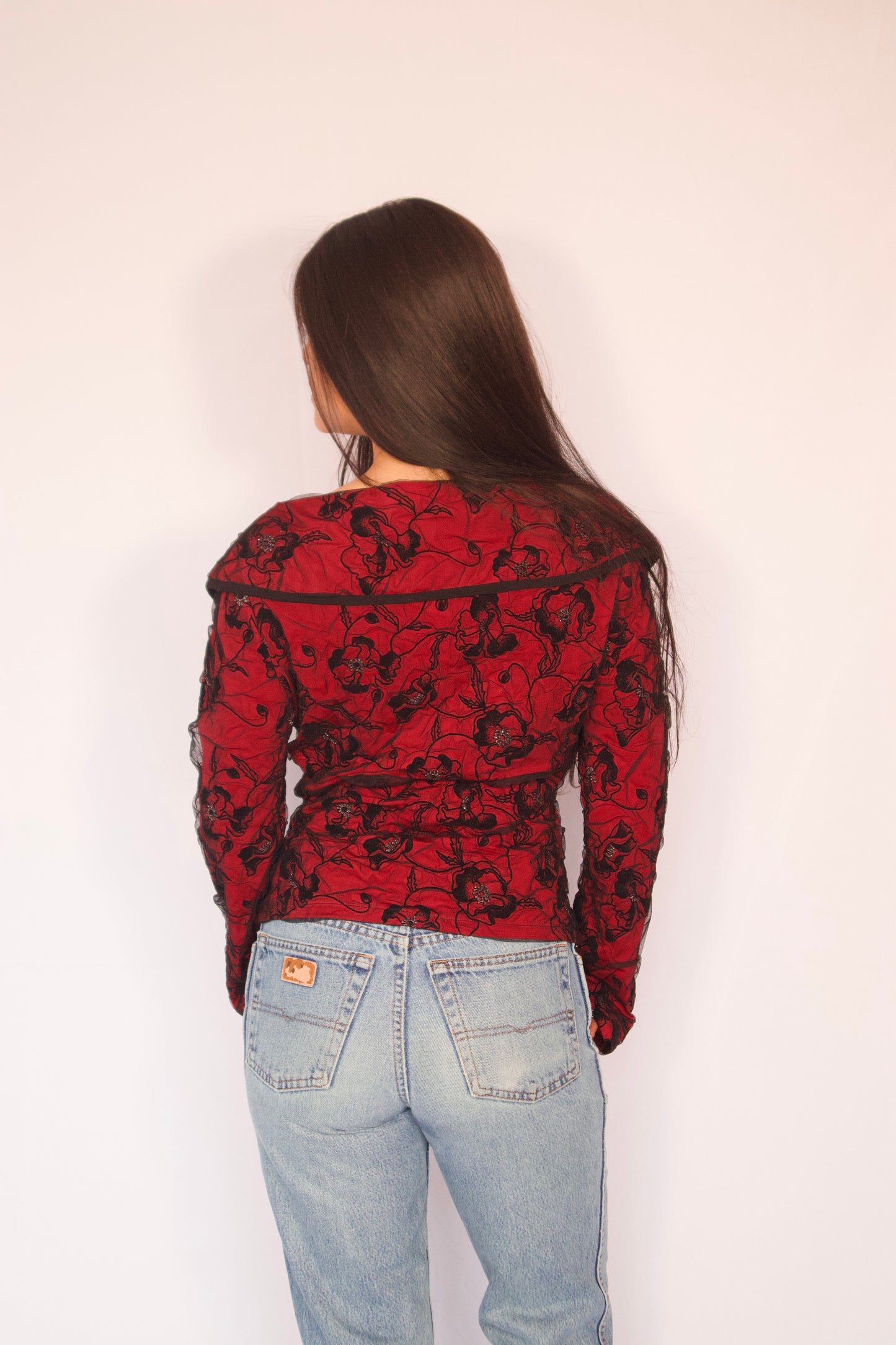 veste rouge floral vintage seconde main vue de dos
