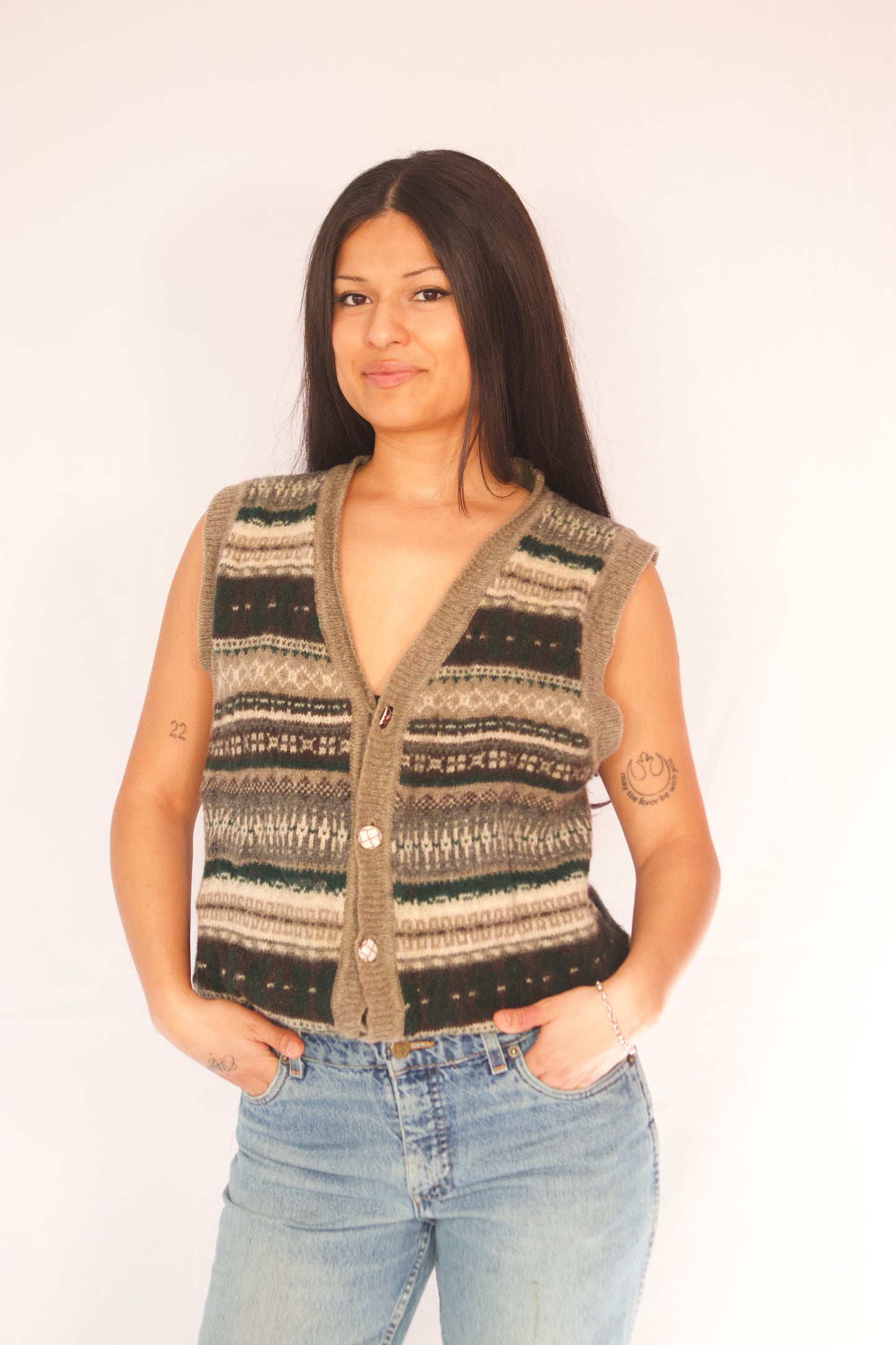 veste tricot vintage Point Zéro tons terreux portée